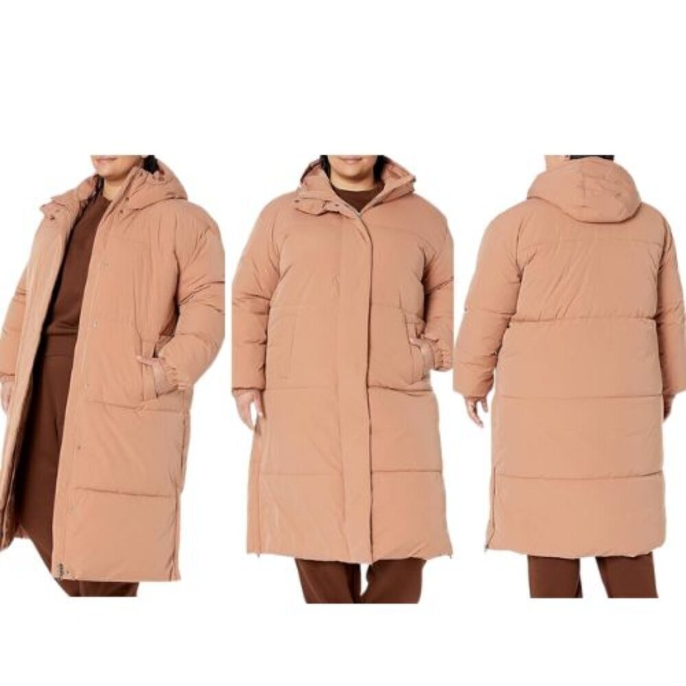 🆕 Women’s Size 1X Oversized Tan Long Puffer Jacket- Water-Resistant, Hooded